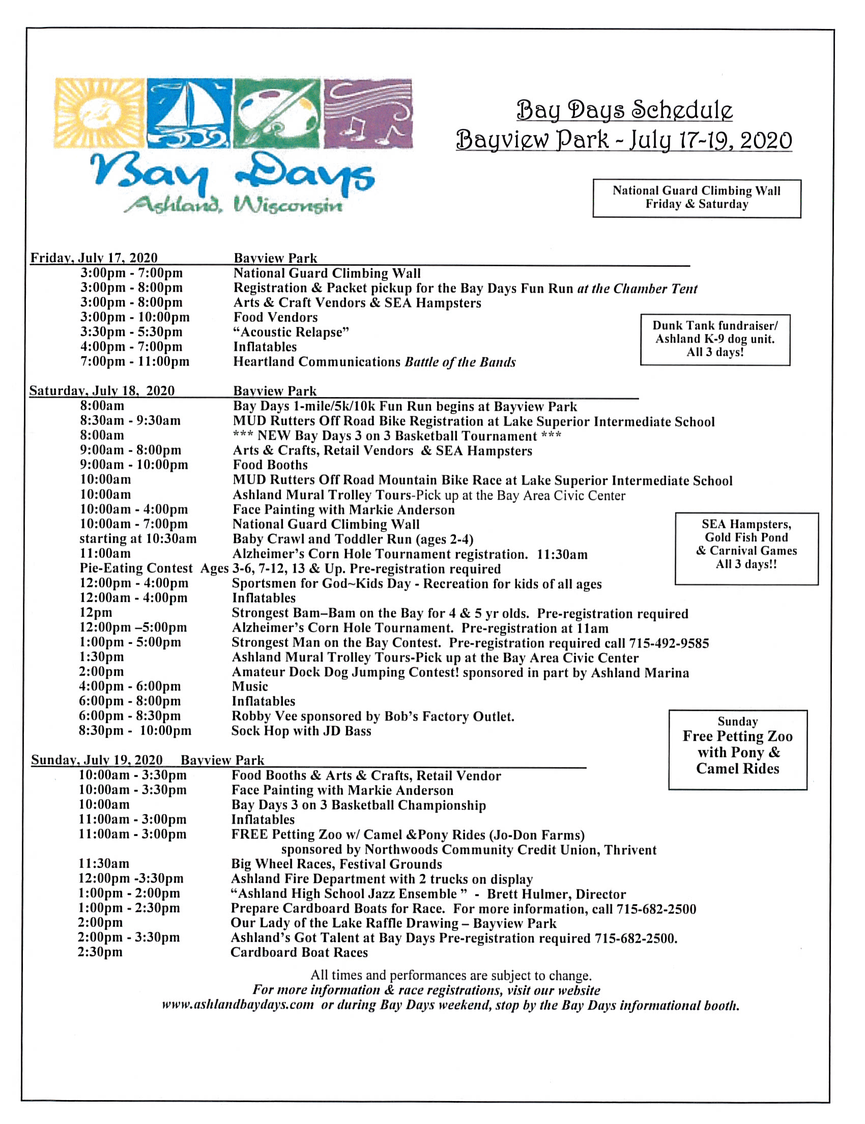 Ashland Bay Days 2020 Schedule of Events